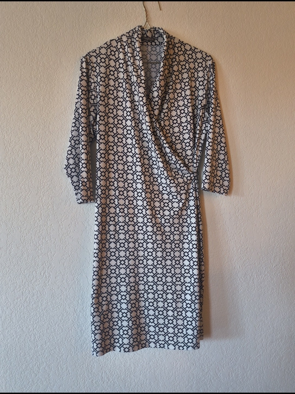 J. McLaughlin Black and White Geometric Wrap-Style Midi Dress